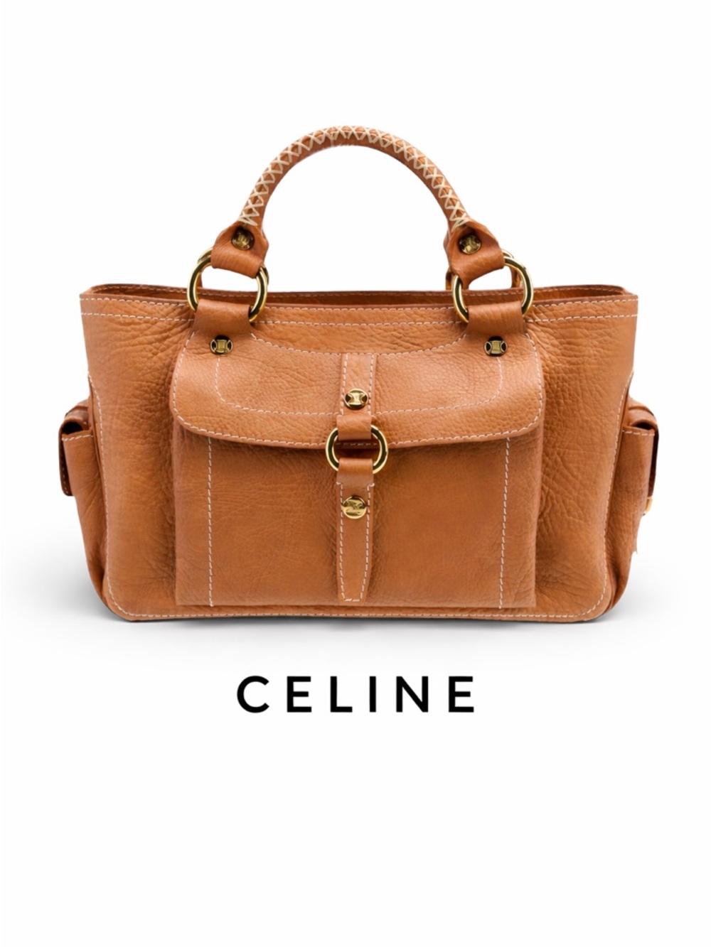 Celine Boogie Bag Tan Brown Pebbled Leather Whipstitch Satchel Gold Hardware